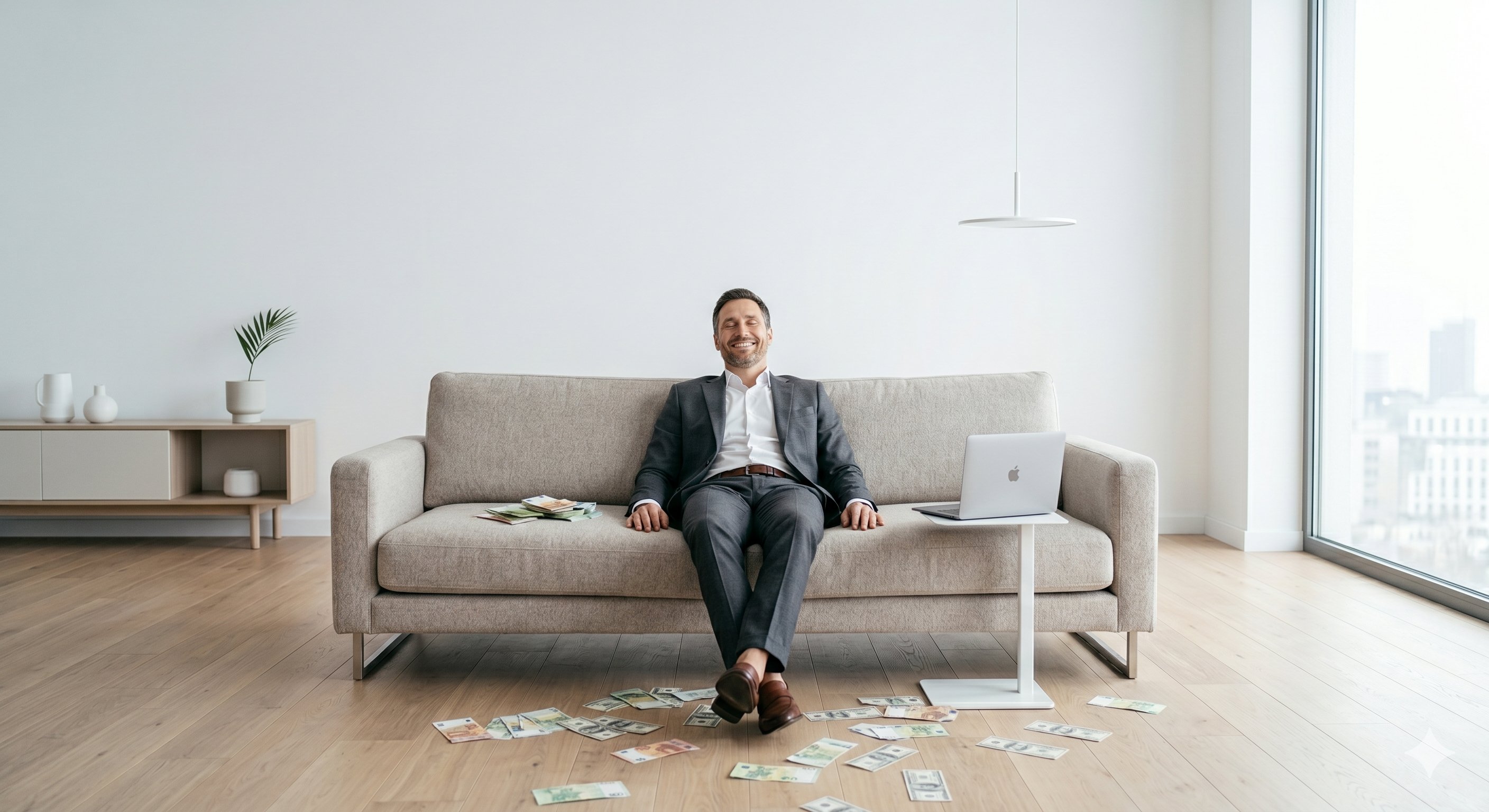 Property owner relaxed with laptop and passive income